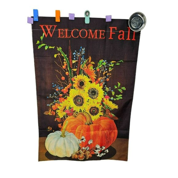 Welcome Fall Sunflowers & Pumpkins House Flag Cloth 40x27" - Picture 1 of 8